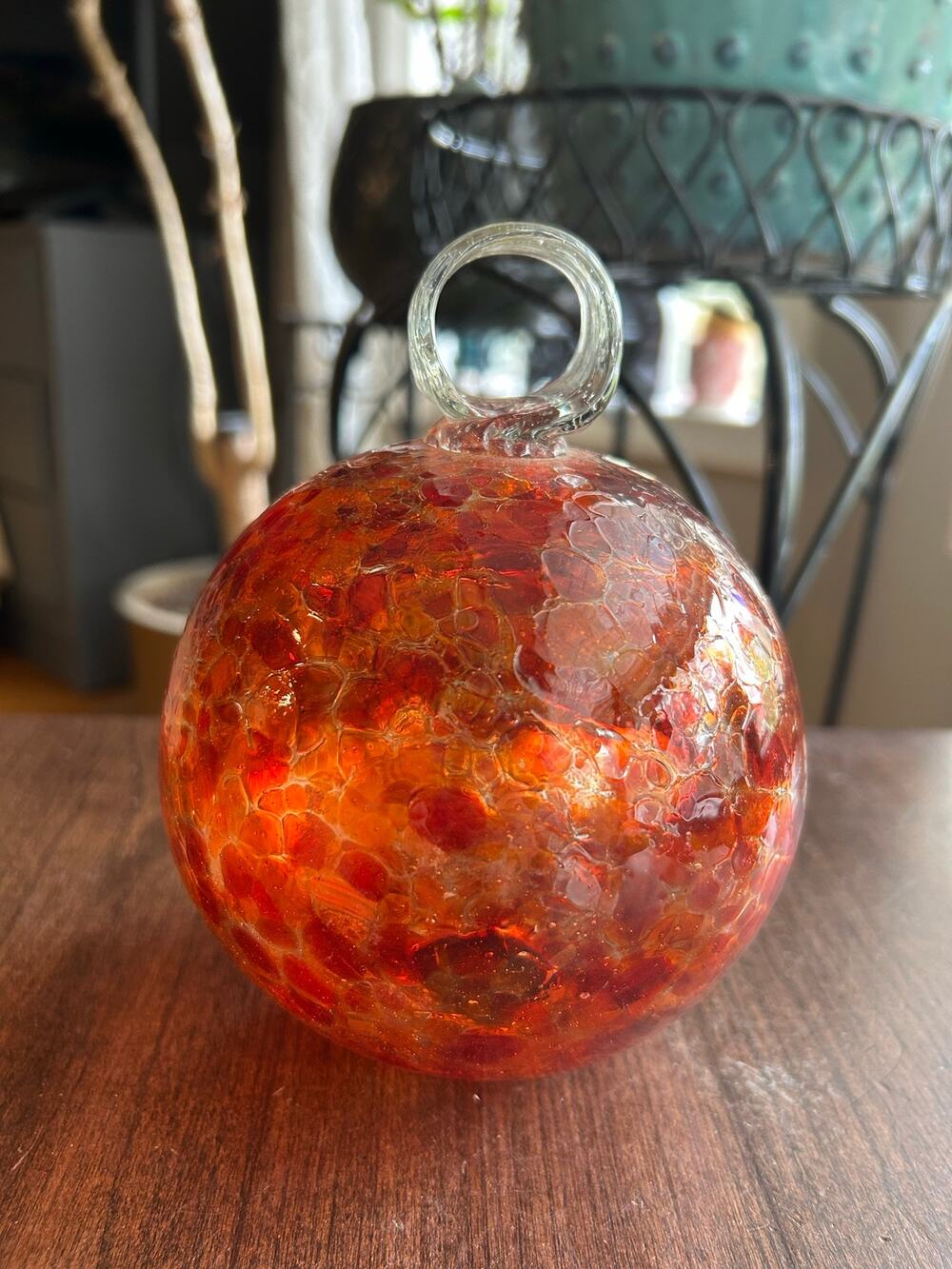 Artisan Hand Blown Art Glass Ornament Witches Ball Orange Red 6.5”